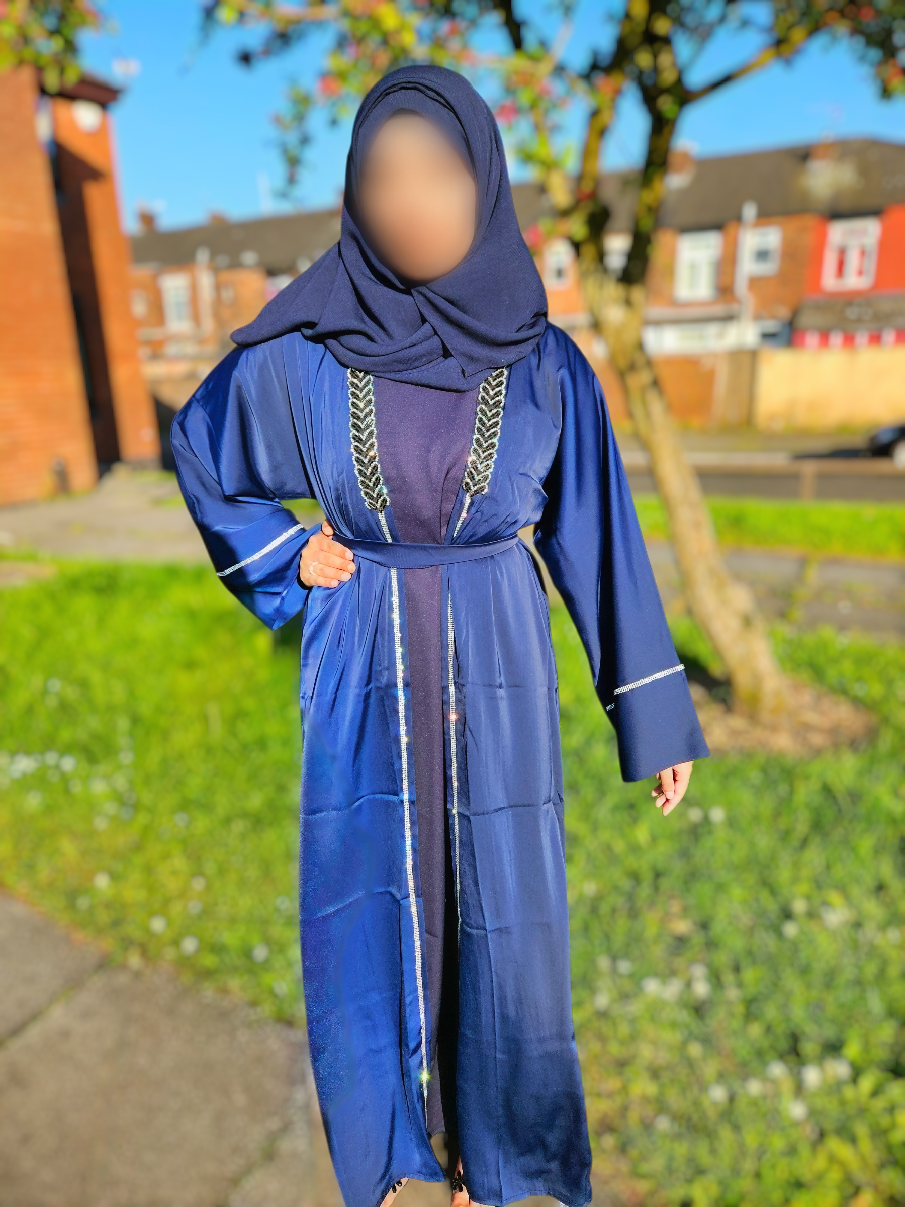 Navy Blue 4pc Satin Open Abaya